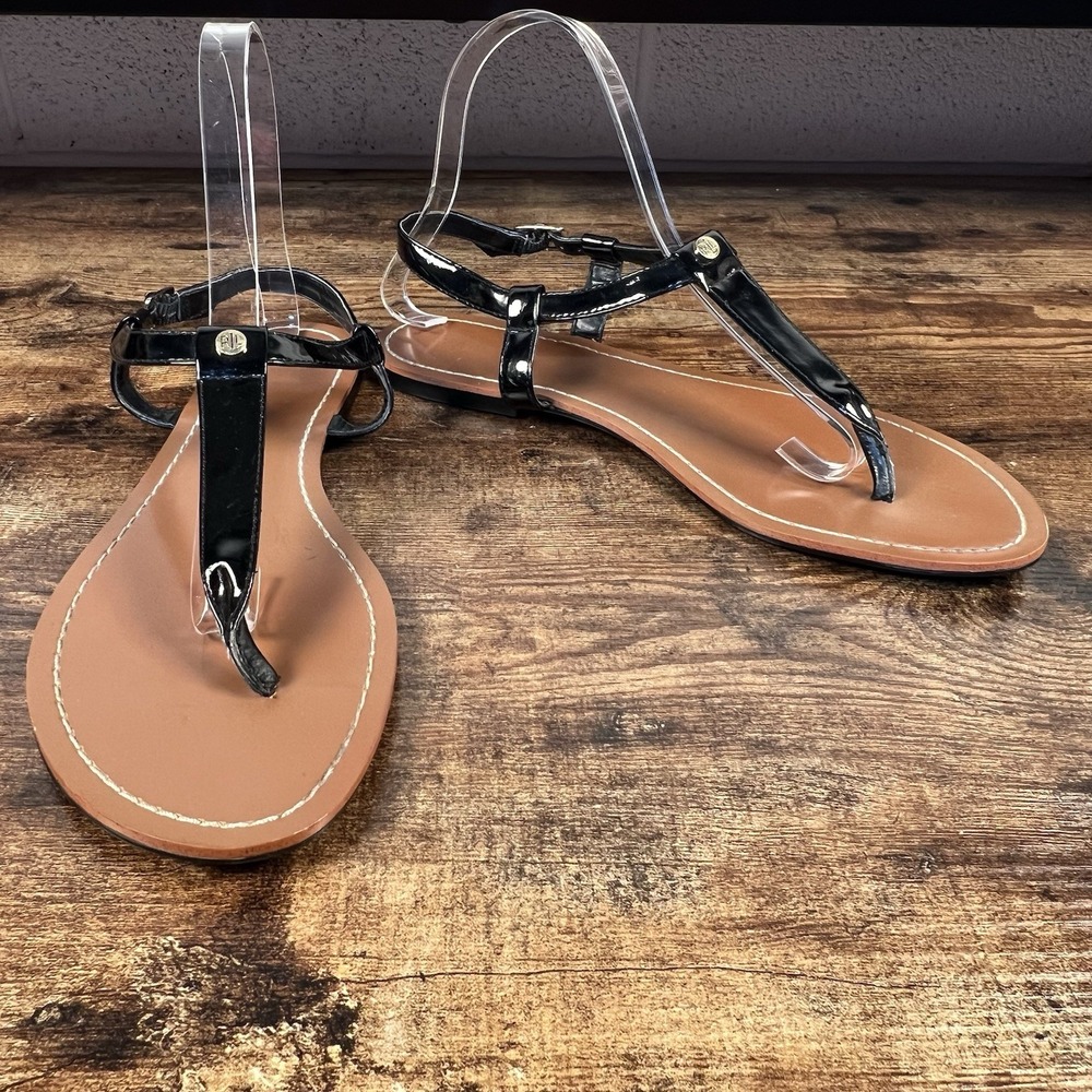 Lauren Ralph Lauren Patent Leather Sandals Black Flat Thong Toe Post Casual 9